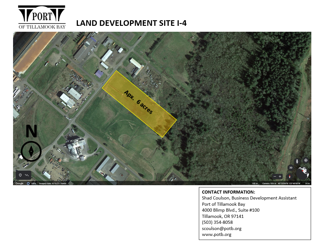 Aerial view of a 6-acre land development site I-4 with contact info for Port of Tillamook Bay.