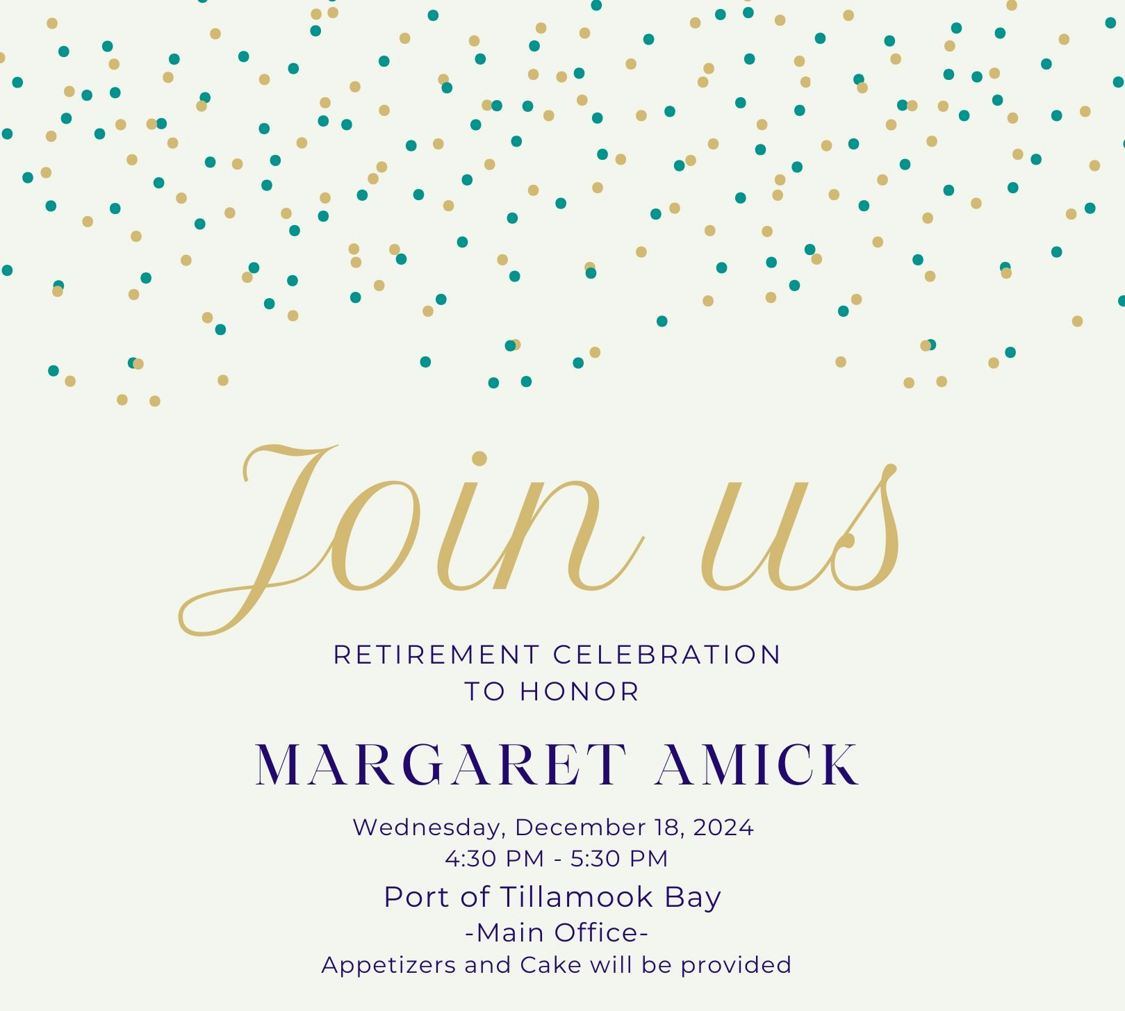 Retirement celebration invitation for Margaret Amick on Dec 18, 2024, 4:30-5:30 PM at Port of Tillamook Bay. Appetizers and cake provided.