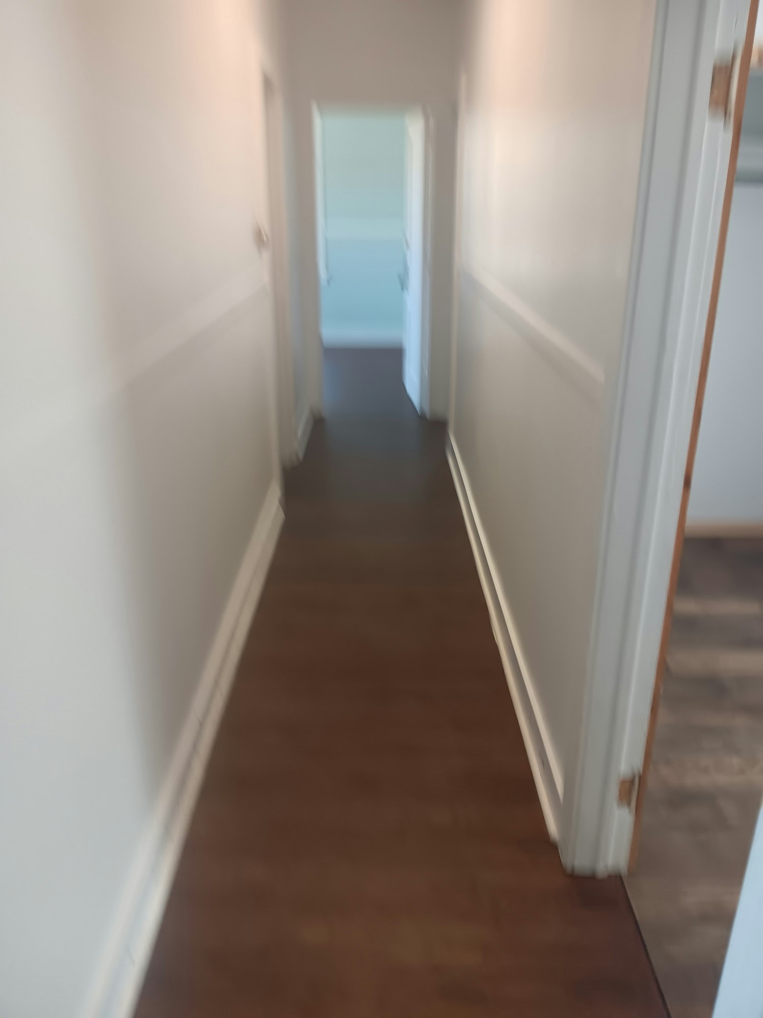 A hallway with wooden flooring and light-colored walls, leading to a doorway with natural light.