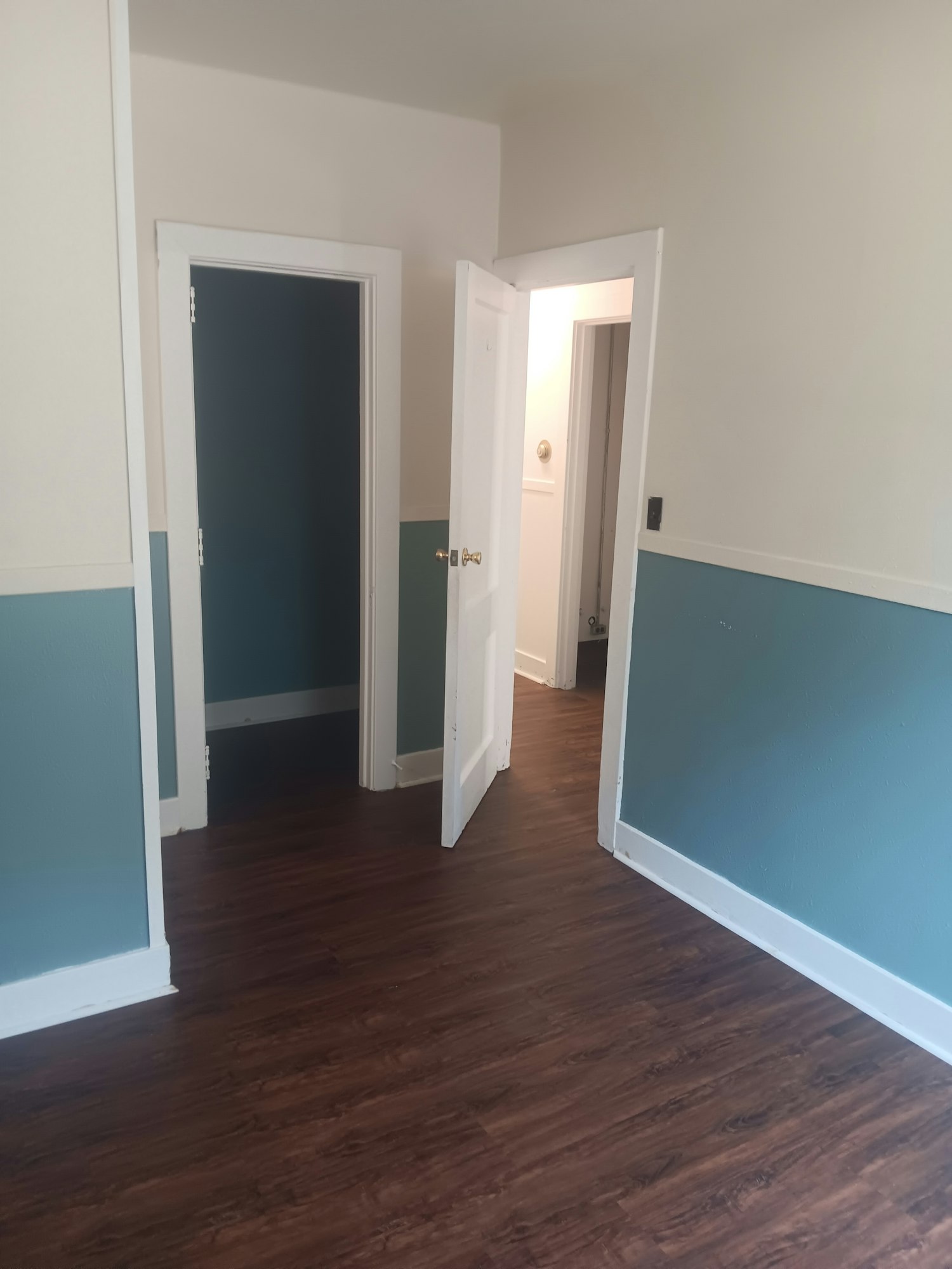 A room with wooden floors, blue walls, white trim, and two open doors.