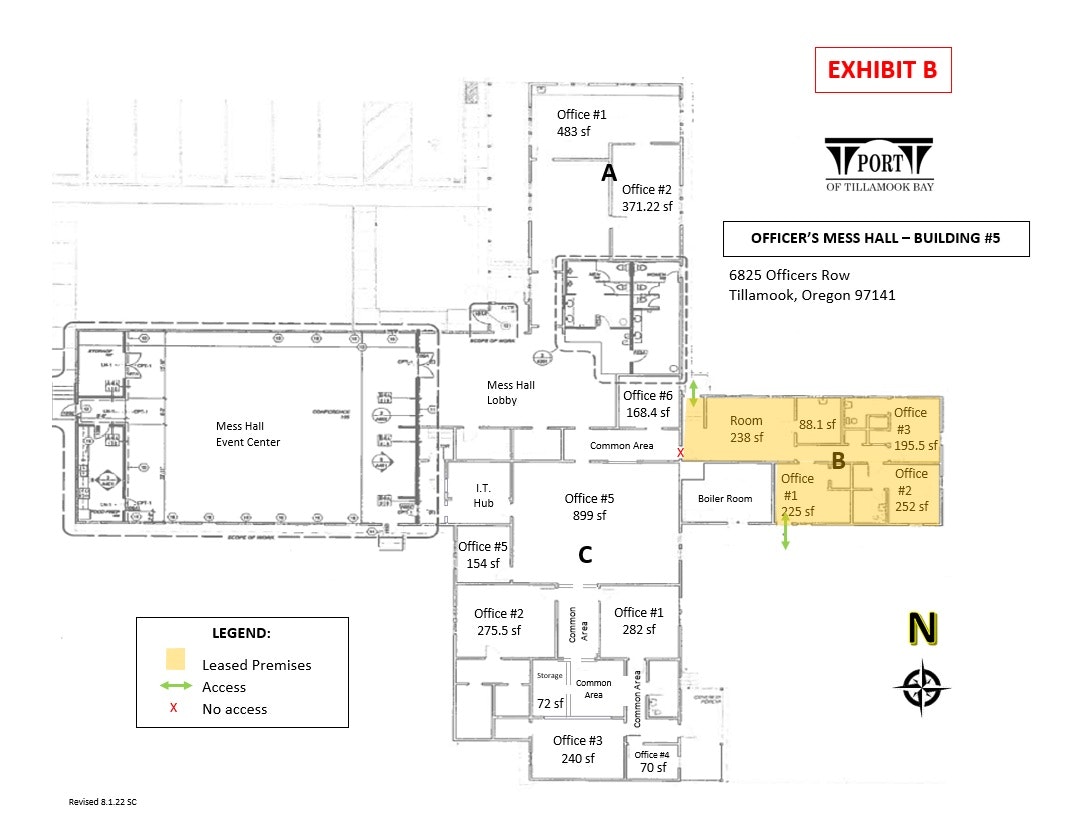 Floor plan of Officer's Mess Hall, labeled "Exhibit B," showing offices and leased premises in Tillamook, Oregon.