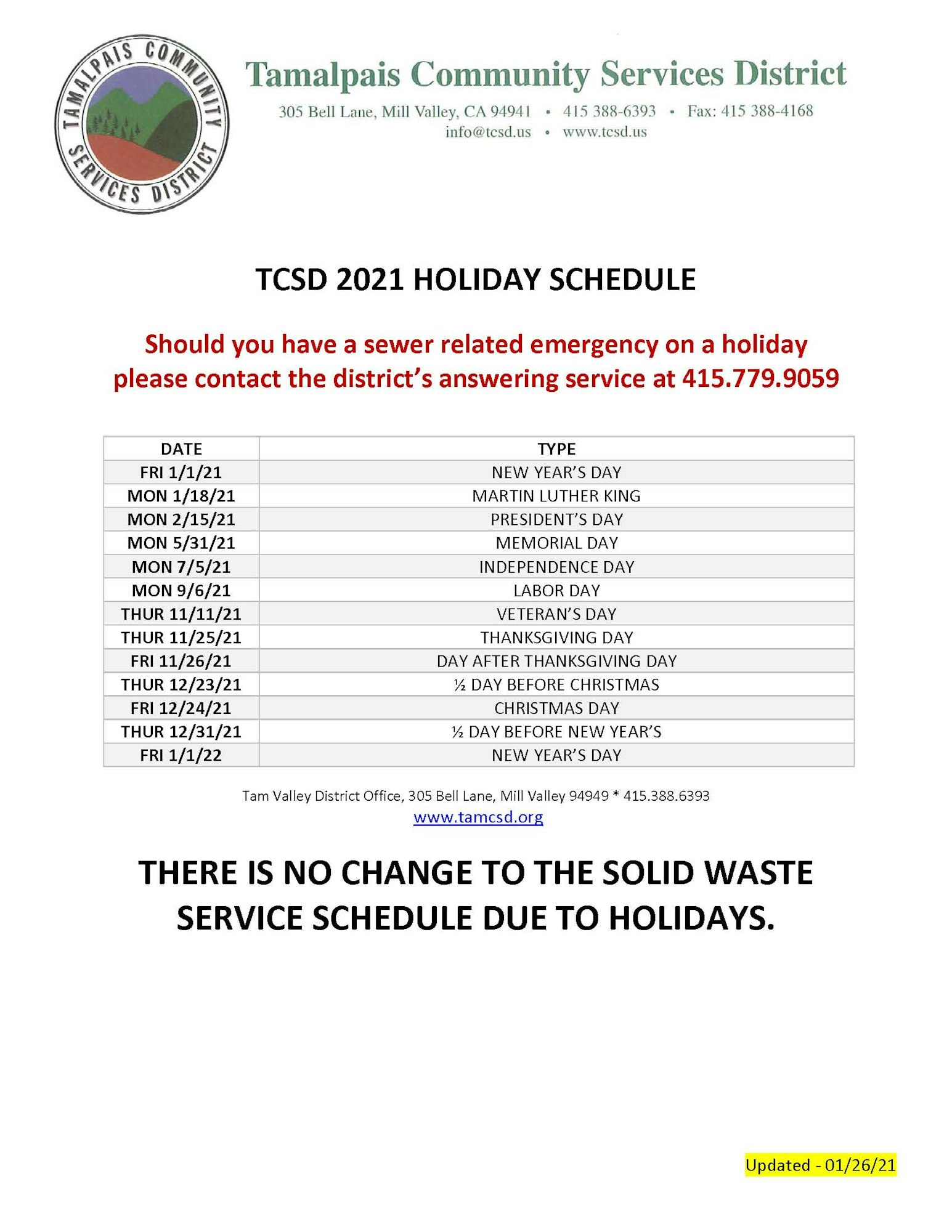 Tcsd 2021 Holiday Schedule Tamalpais Community Services District Vacaville Trash Collection Christmas 2021