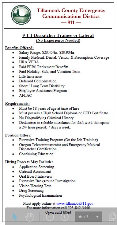 9-1-1 Dispatcher job ad with benefits, requirements, and application info for Tillamook 911. No experience needed.