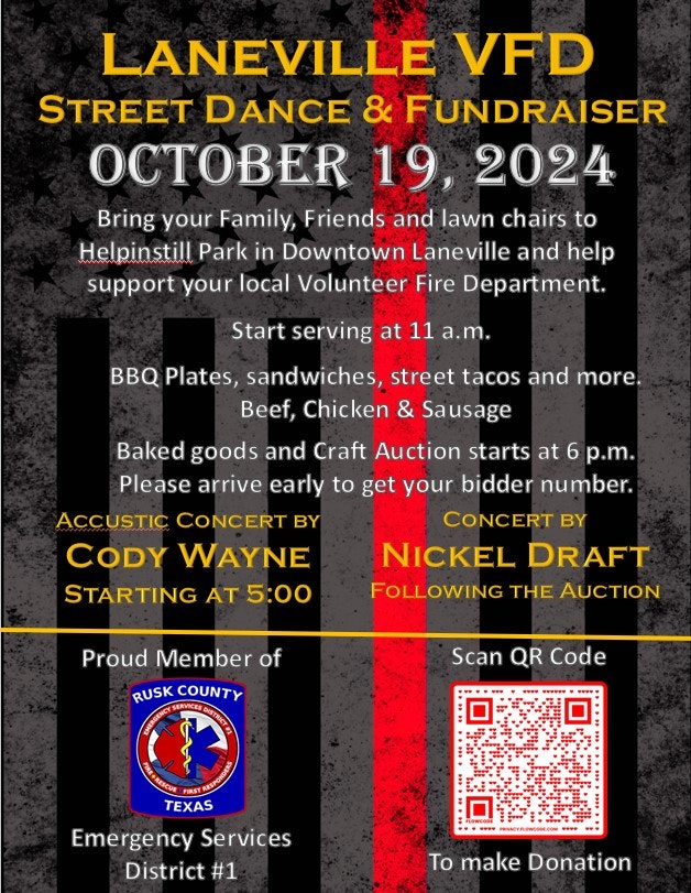 A flyer for Laneville VFD Street Dance & Fundraiser on October 19, 2024, with BBQ, auction, and concerts. QR code for donations.