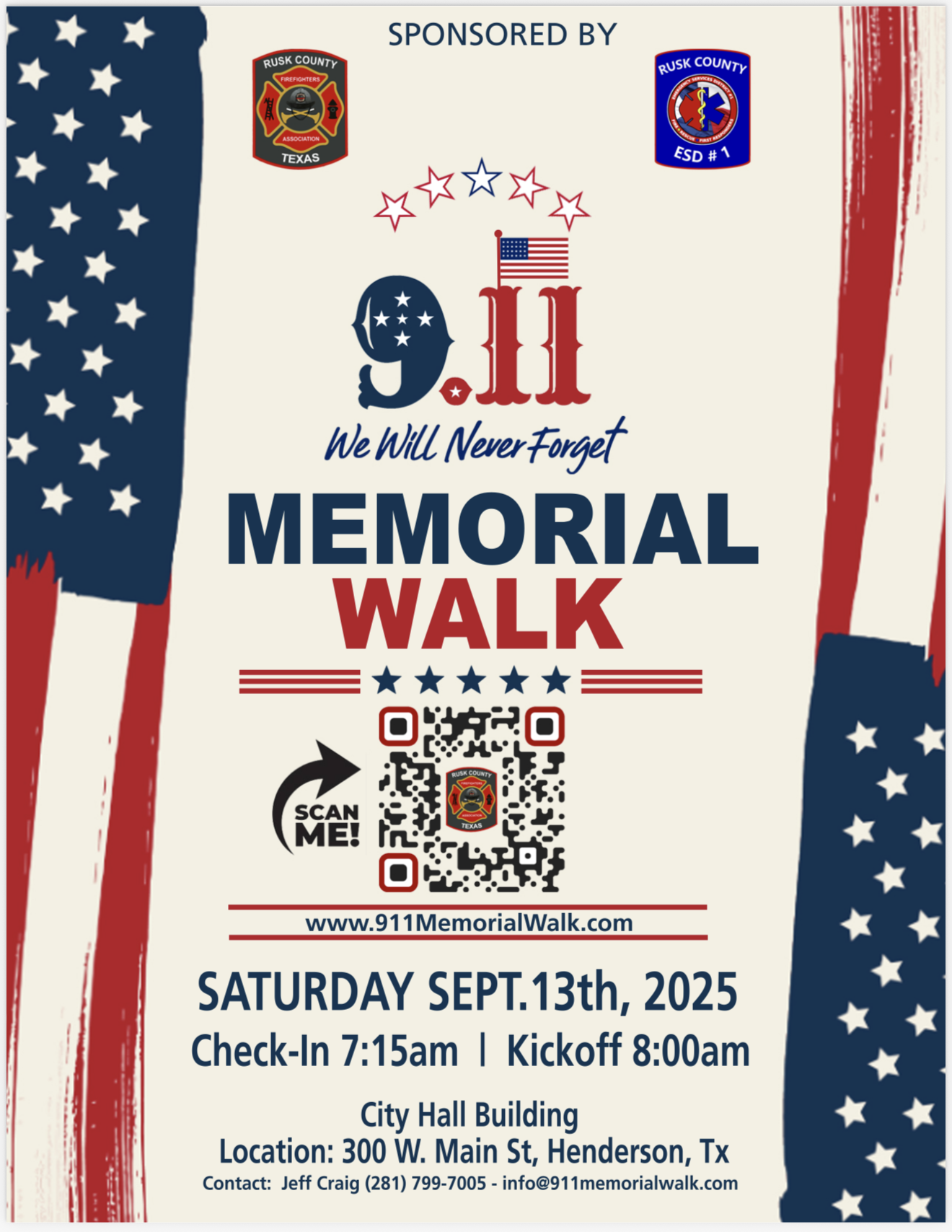 9/11 Memorial Walk poster with event details for September 13, 2025, in Henderson, TX. Includes a QR code and sponsor logos.