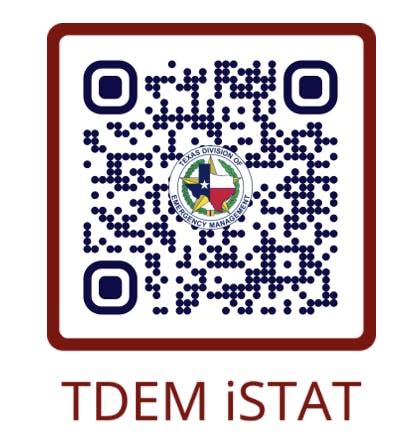 The image features a QR code with the Texas Division of Emergency Management logo and the text "TDEM iSTAT" below it.