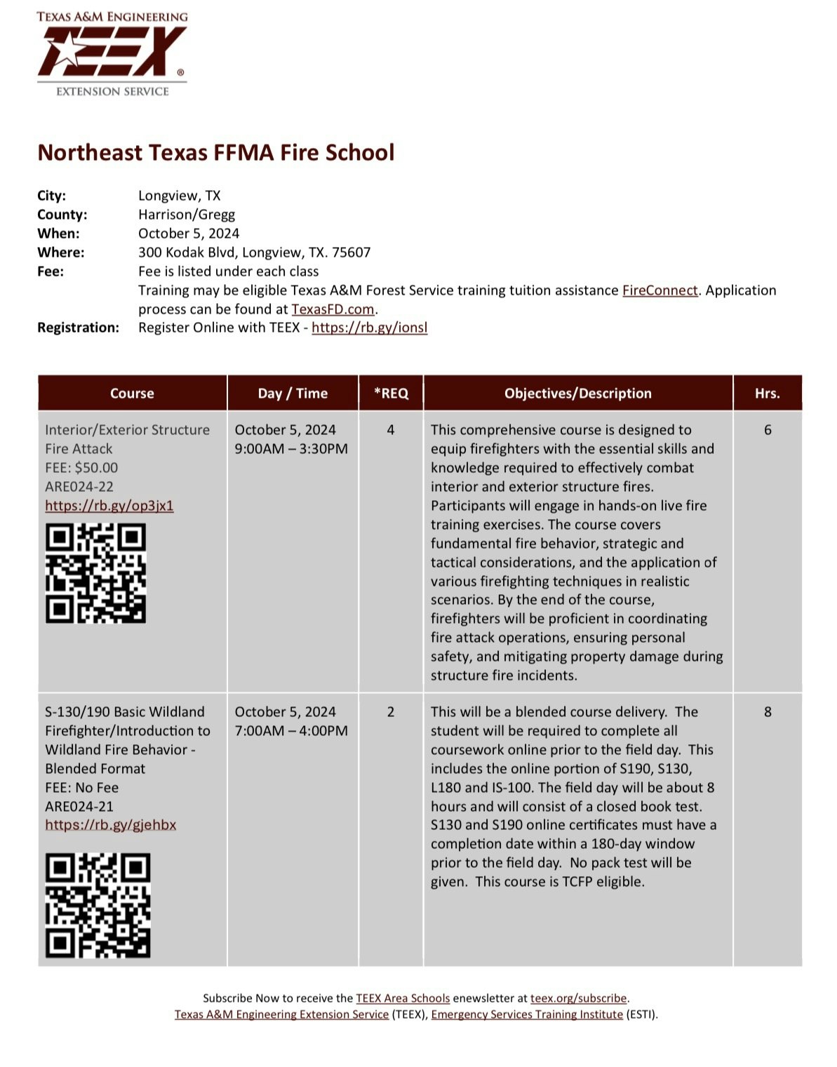 Flyer for Northeast Texas FFMA Fire School, detailing courses on firefighting, dates, fees, and registration QR codes.