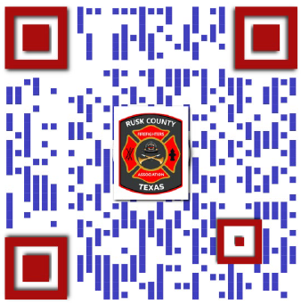 The image features a QR code with the Rusk County Firefighters Association logo in the center, likely linking to related information.