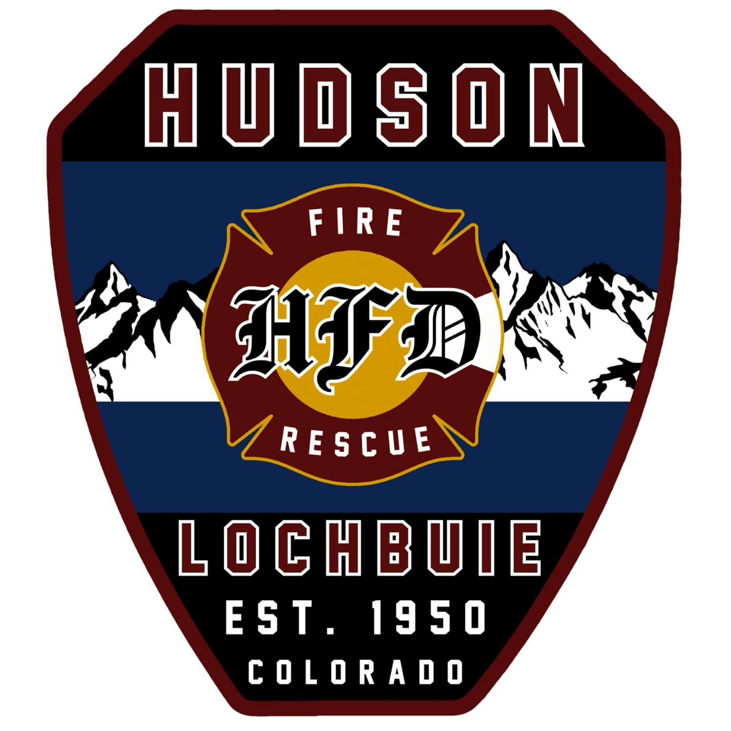 Hudson Fire Rescue emblem, featuring mountains, "HFD" initials, and established in 1950, Colorado.