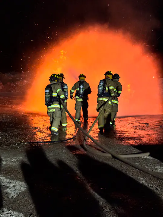 Firefighters are battling a large fire, silhouetted against an intense orange glow, with hoses ready for action.