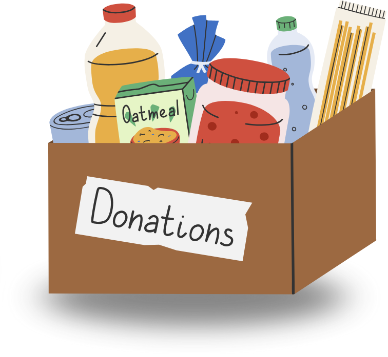 A box labeled "Donations" filled with food items: oatmeal, pasta, jars, bottles, and canned goods.