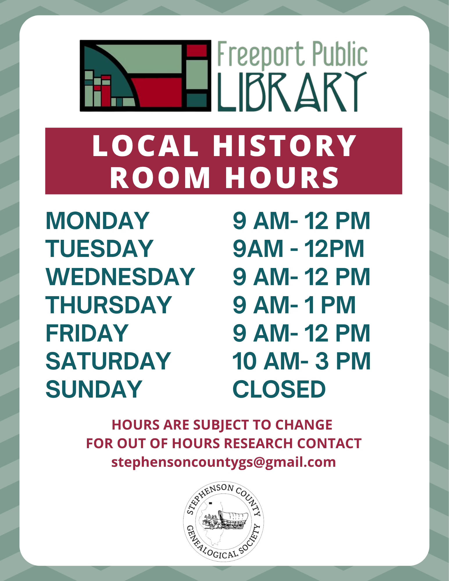 The image lists local history room hours at Freeport Public Library: Monday-Saturday from 9 AM to 1 PM, Sunday closed.