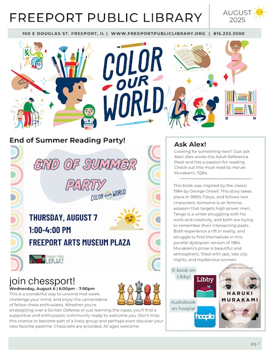 Library newsletter: "Color Our World" reading party, ask for book advice, chess event, and Haruki Murakami's "1Q84" recommendation.