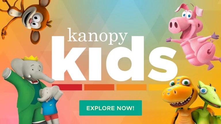 Colorful animated animals surrounding "kanopy kids" text with "EXPLORE NOW!" button.