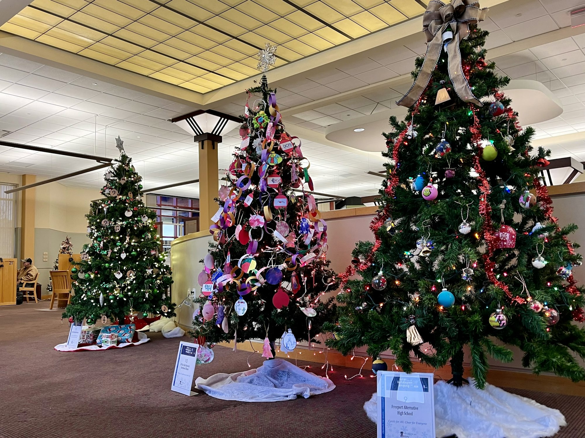 Three decorated Christmas trees indoors with ornaments and lights. Each has a sign in front, and a person is sitting in the background.