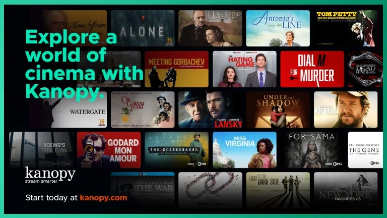 A promotional image for Kanopy showcasing various movies and documentaries available for streaming.