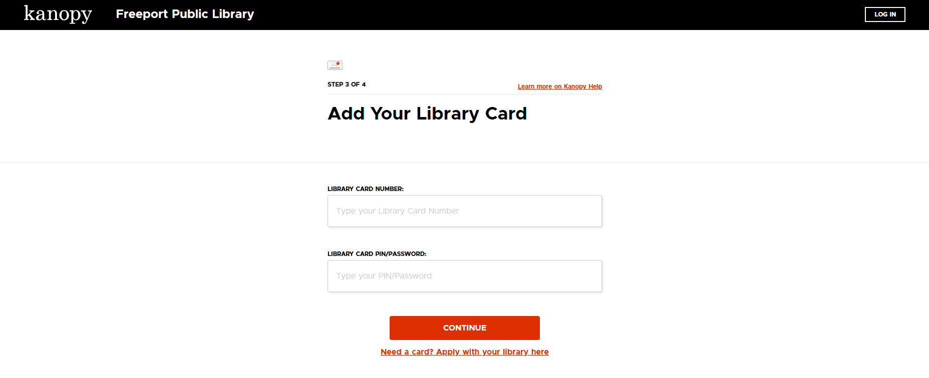 Kanopy page for adding a library card, with fields for card number and PIN/password, and a "Continue" button.