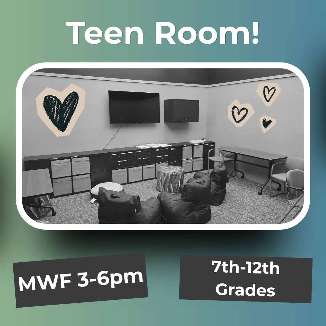 A cozy teen room for 7th-12th grades, open MWF from 3-6 pm, featuring seating and a TV.