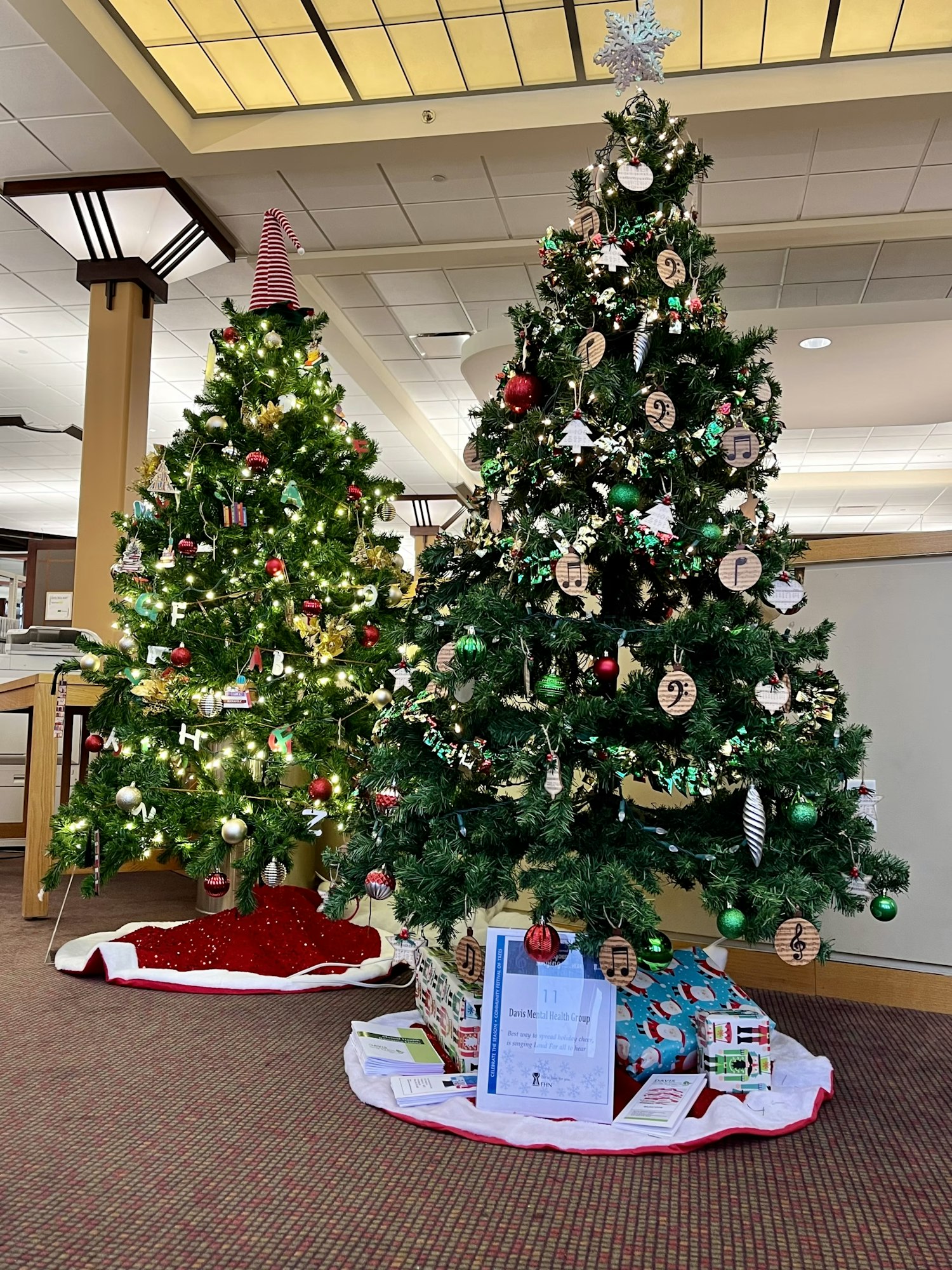 Two decorated Christmas trees indoors, with lights, ornaments, and gifts underneath.