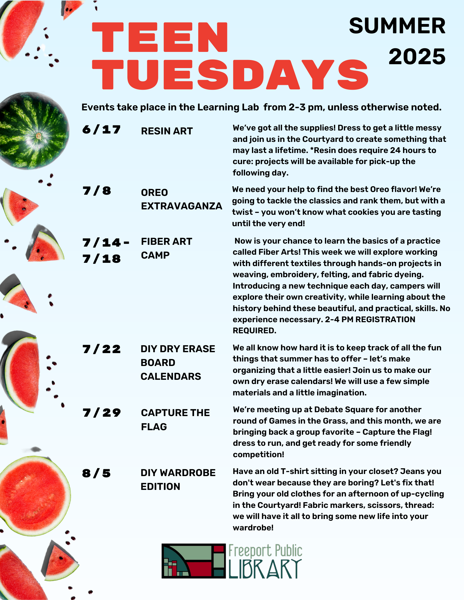 Teen Tuesdays schedule for Summer 2025 at Freeport Public Library, featuring various creative and fun events.