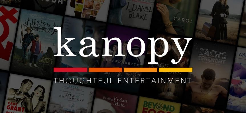 Kanopy logo with promotional images of movies, accompanied by the tagline "Thoughtful Entertainment."