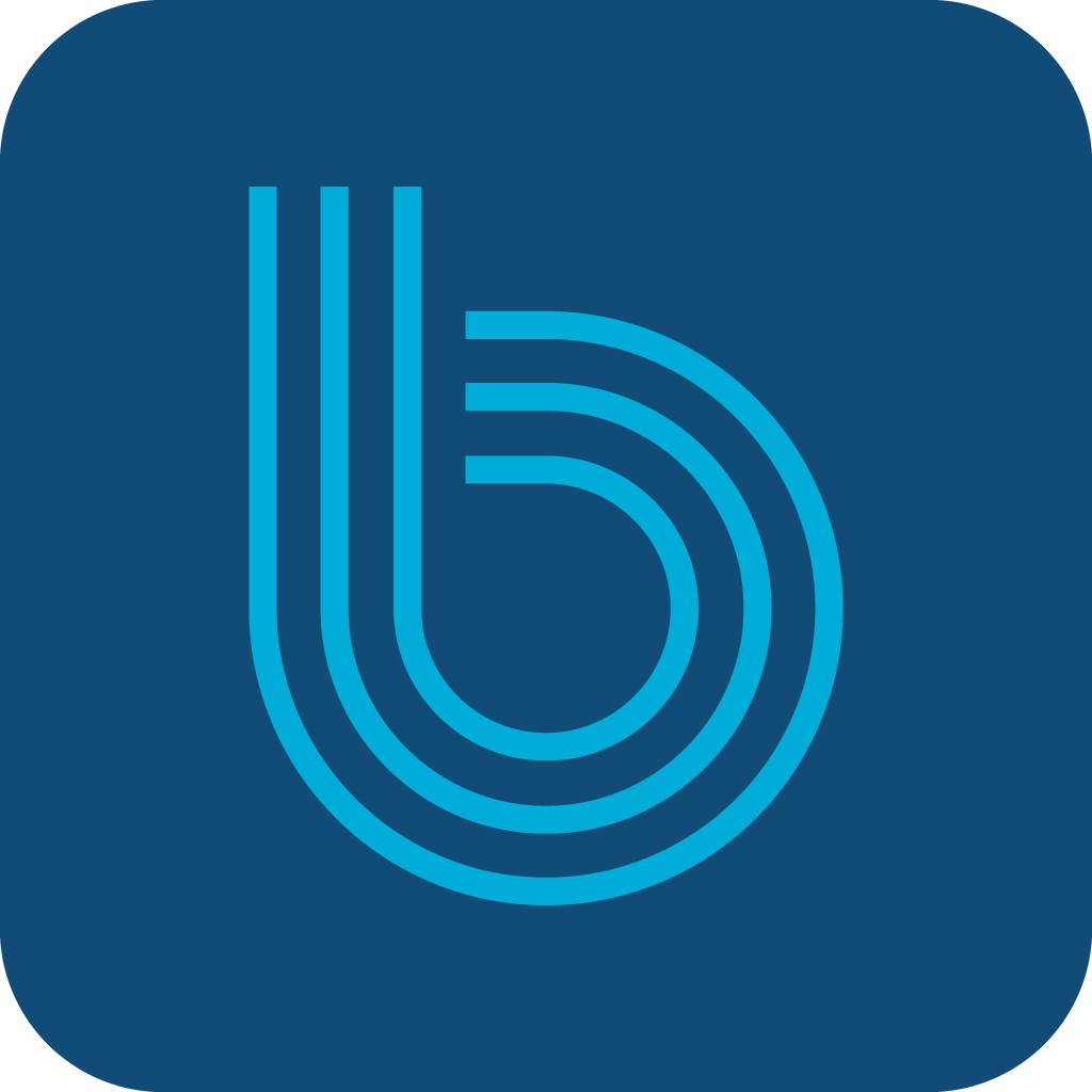 Stylized blue letter "B" logo on a dark blue background.