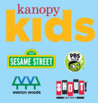Kanopy Kids logos: Sesame Street, PBS Kids, Weston Woods, Shout Factory on a blue background.