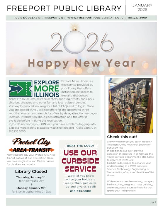 The image features a Freeport Public Library newsletter for January 2026, promoting services like Explore More Illinois, library hours, and STEM kits.