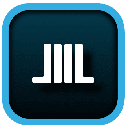 A white logo resembling three vertical bars with a blue border on a dark background.