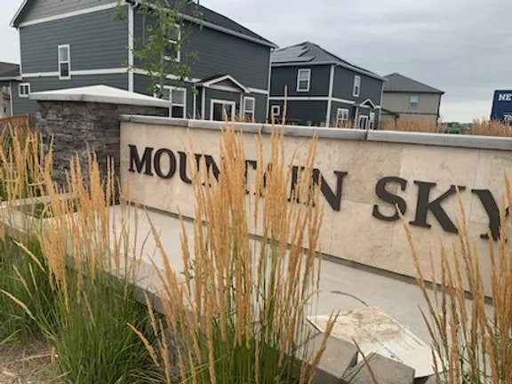 Stone sign "MOUNTAIN SKY," tall grasses, houses in the background.