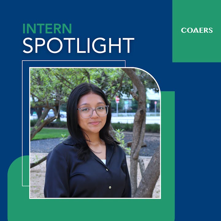 A woman with glasses in a black shirt stands outside. Text reads "Intern Spotlight" and "COAERS."