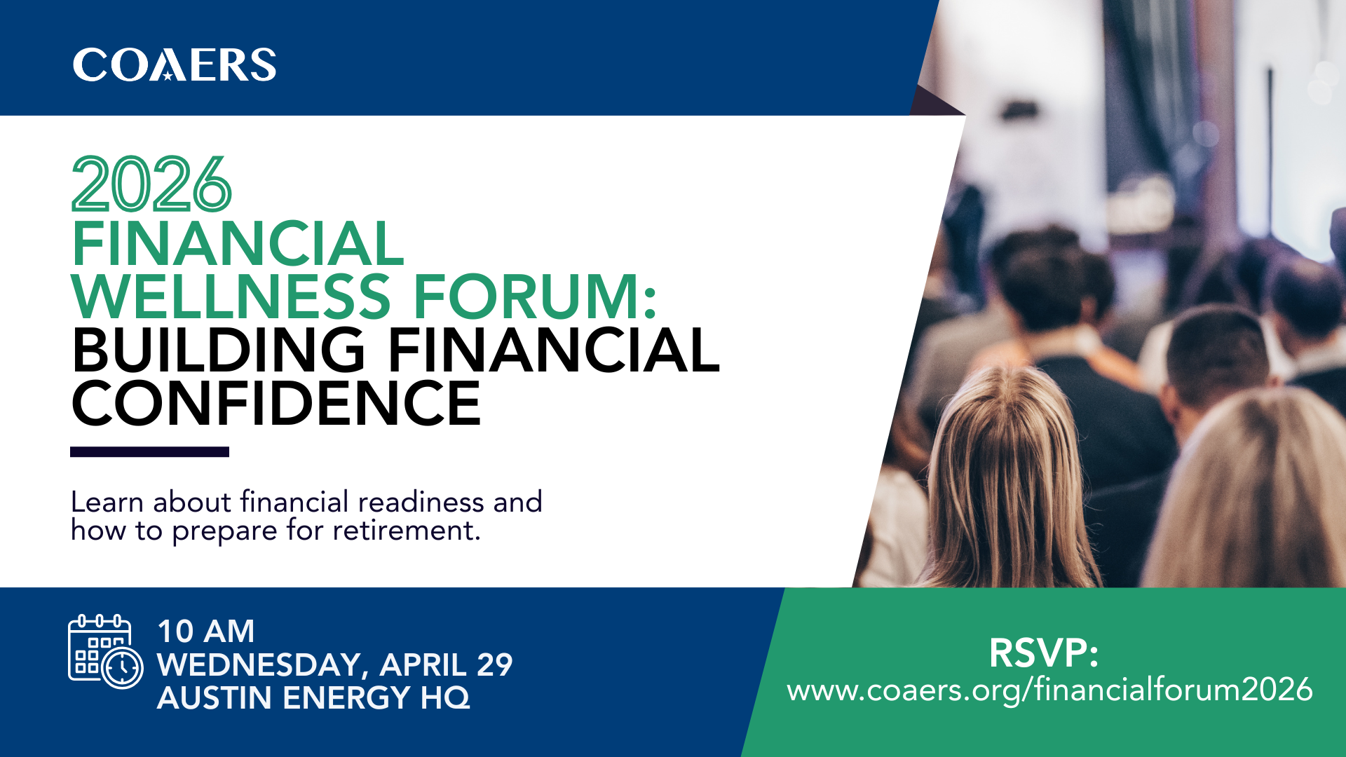 Announcement for the 2026 Financial Wellness Forum on April 29 at Austin Energy HQ, focusing on financial readiness and retirement.