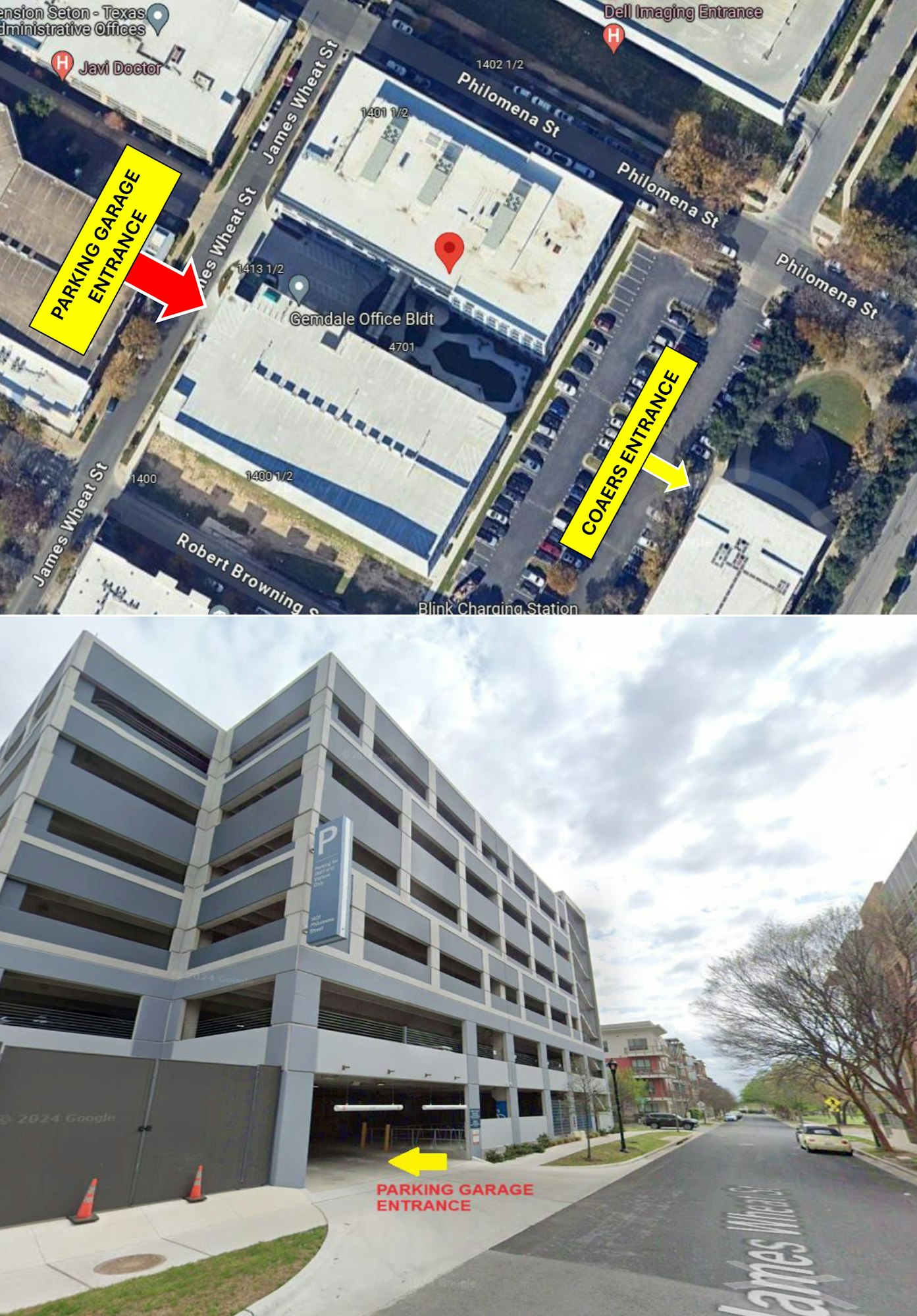 A collage showing an aerial map and street view of a parking garage entrance. Yellow arrows highlight the paths.