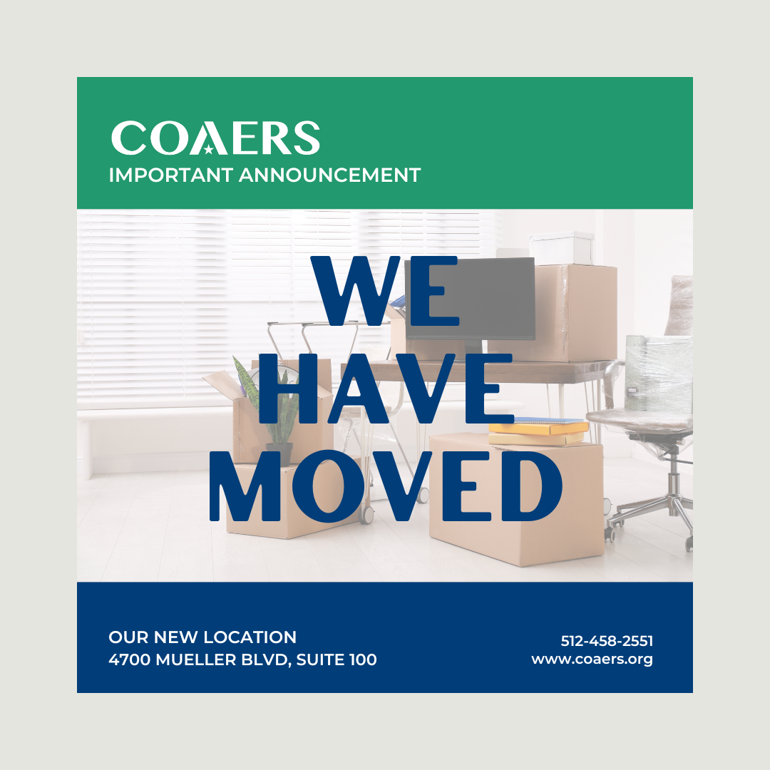 An announcement graphic stating "WE HAVE MOVED" with new address details and a background image of a packed office, indicating a relocation.