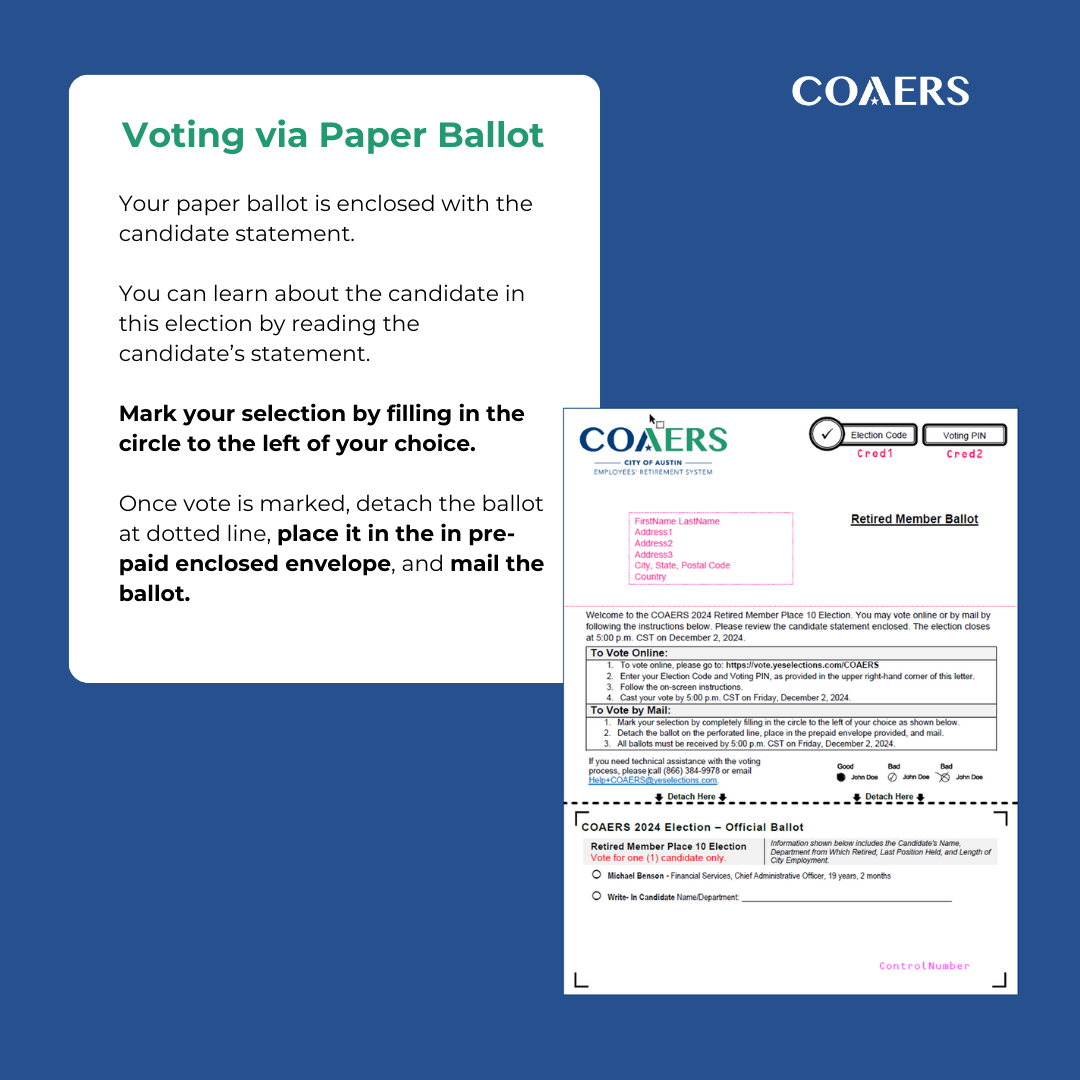 Instructions for voting via paper ballot for COAERS, including how to mark, detach, and mail the ballot.