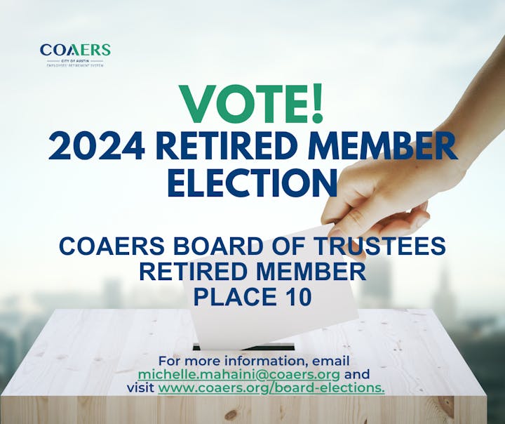 2024 retired member election poster with a hand casting a ballot.