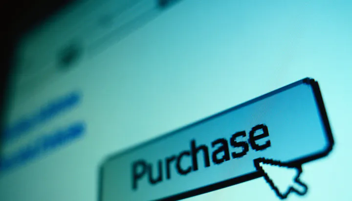 The image shows a close-up of a computer screen with a "Purchase" button and a cursor pointing at it.