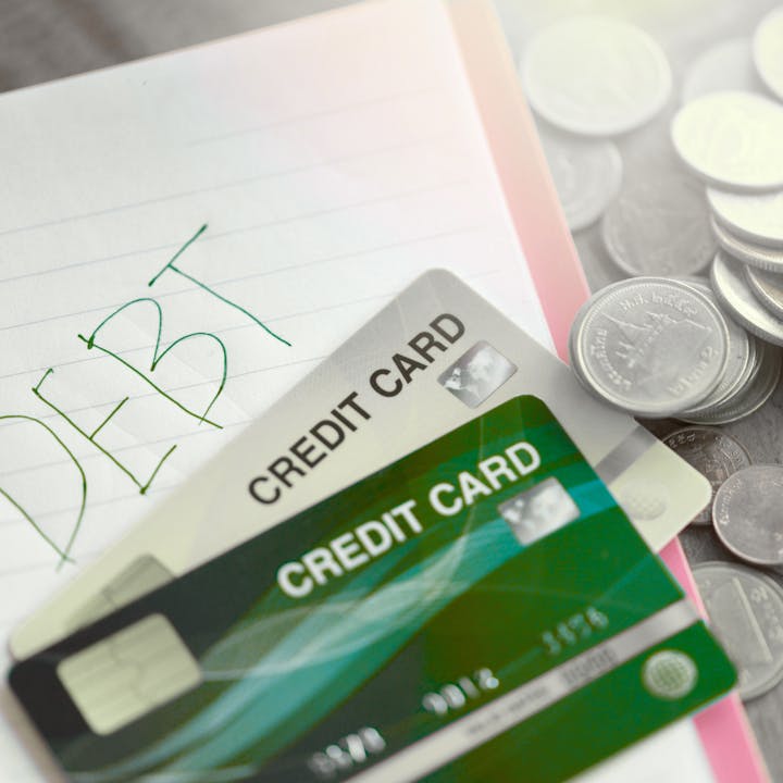 Credit cards, coins, and a notebook with "DEBT" written on it.