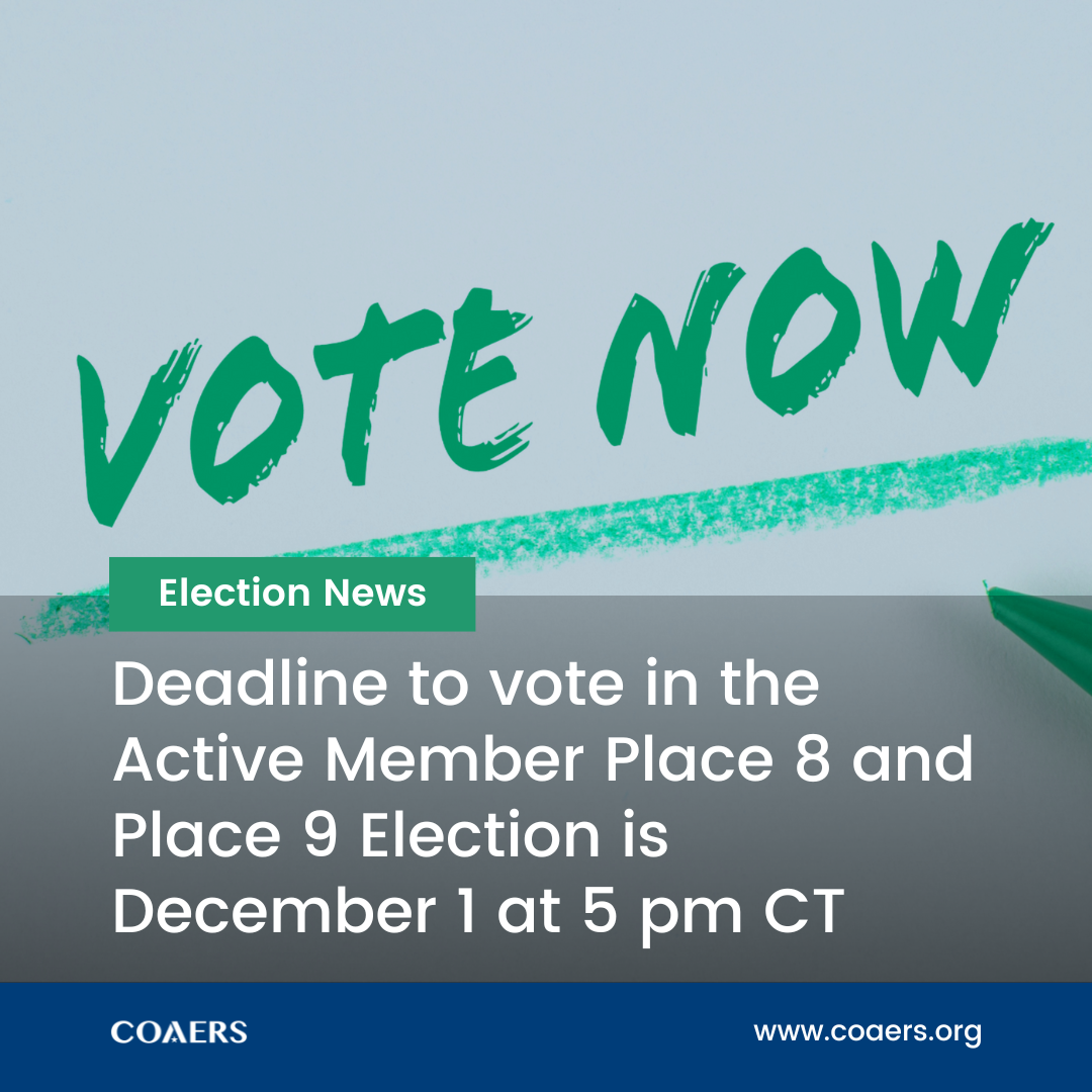 "Vote Now" notice for Active Member Place 8 and 9 Election, deadline December 1, 5 pm CT.