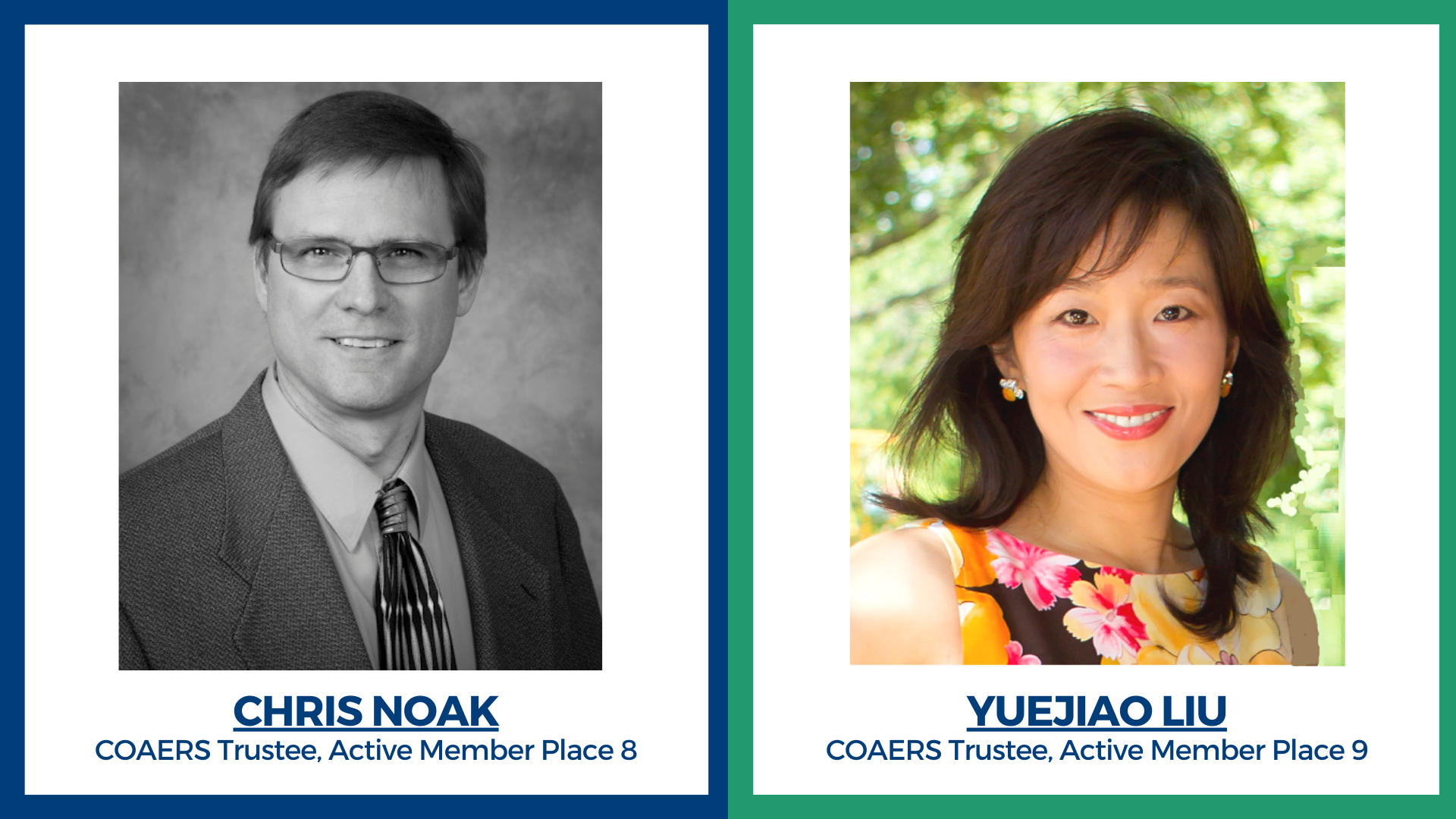 The image features two individuals, Chris Noak and Yuejiao Liu, both identified as COAERS Trustees with their respective member places.