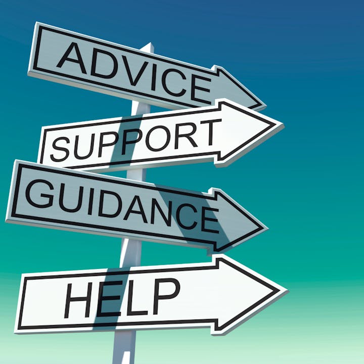 Four directional signs: "ADVICE," "SUPPORT," "GUIDANCE," "HELP" against a blue-green sky.