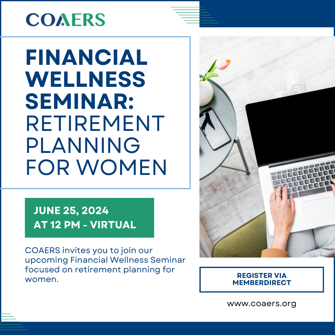 Promotional flyer for a virtual financial seminar focused on retirement planning for women, scheduled for June 25, 2024.