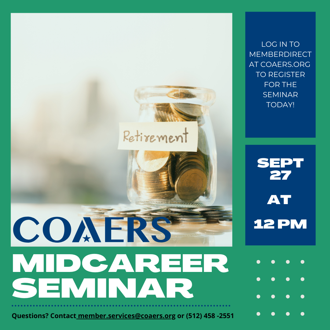 A poster advertising a mid-career seminar on September 27 at 12 PM, with a jar of coins labeled "Retirement."