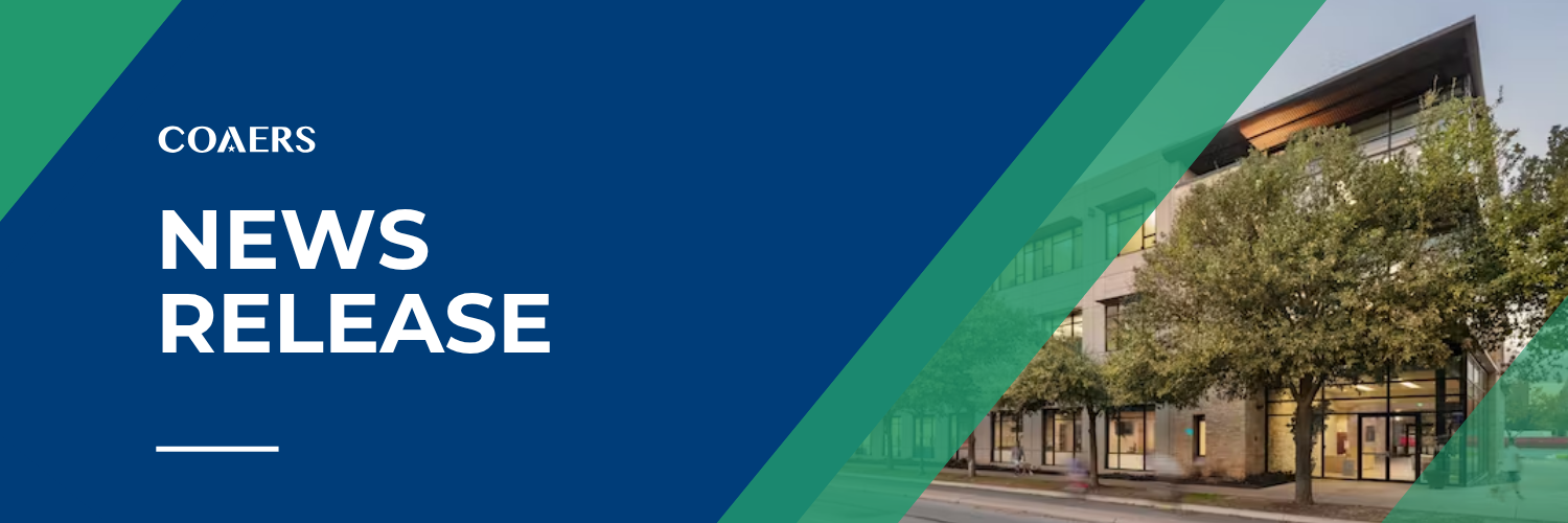 Blue and green design with text "COAERS NEWS RELEASE" alongside an image of a building with trees.
