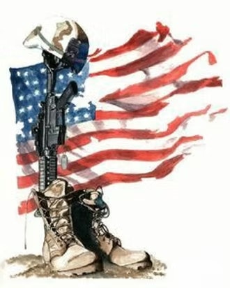 An illustration featuring military boots, a helmet, and a rifle against a backdrop of the American flag.