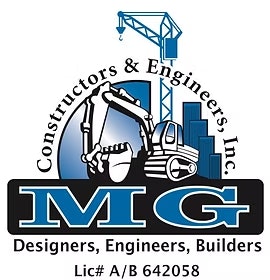The image is a logo for "MG Constructors & Engineers, Inc." featuring construction machinery and a crane.
