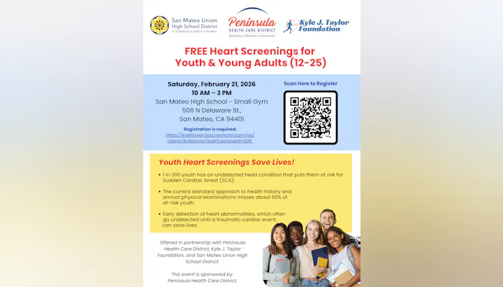 Free heart screenings for youth (12-25) at San Mateo High School on Feb 21, 2026, 10 AM - 3 PM. Registration required.