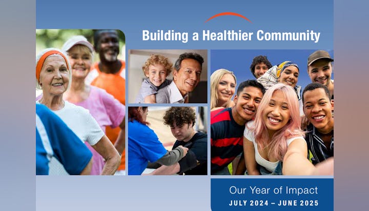 Collage of diverse people smiling, exercising, and interacting, with the text "Building a Healthier Community" and event date details.