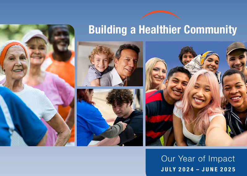 Collage of diverse people smiling, exercising, and interacting, with the text "Building a Healthier Community" and event date details.