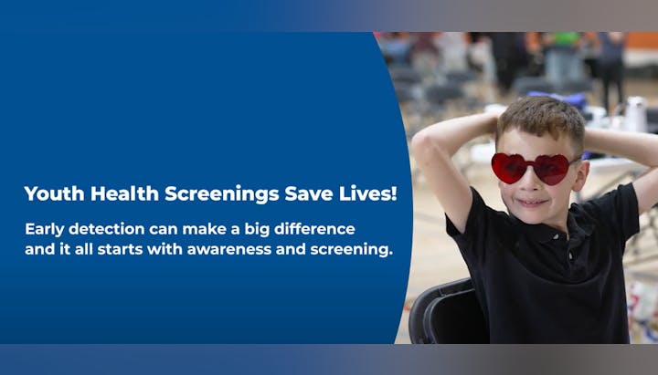 A child wearing heart-shaped glasses, with text urging youth health screenings for early detection and awareness.